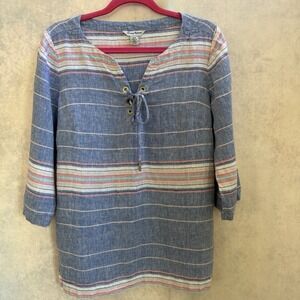 Tommy Bahama Blue Striped 100% Linen Tunic Top Lace Up Size Small Nautical Beach